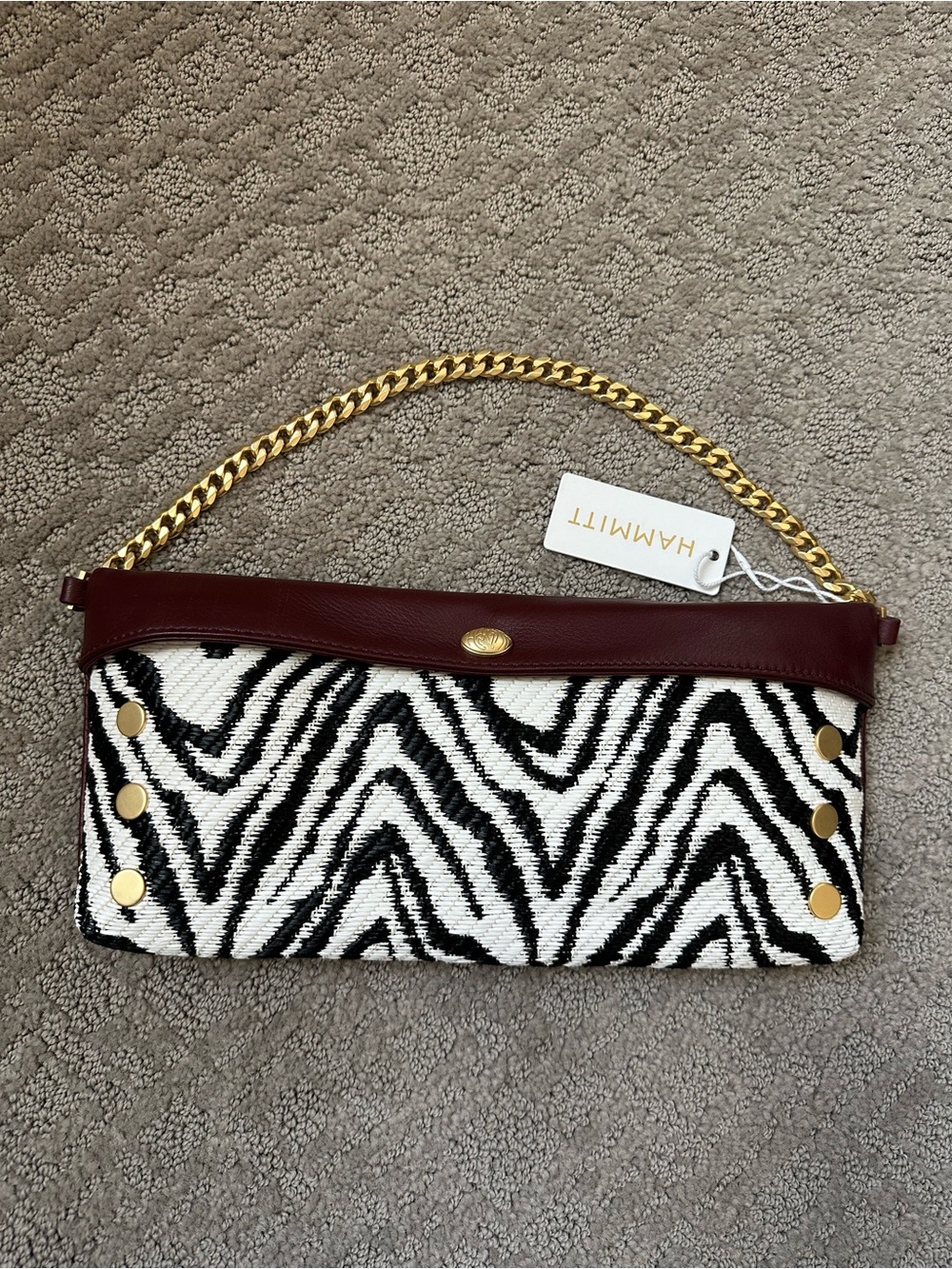 Hammitt Invitation Clutch Zebra Raffia Oxblood Leather Gold Chain New With Tags - Picture 7 of 15